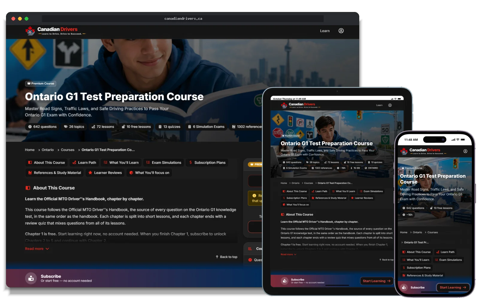 CanadianDrivers.ca G1 test prep course on desktop, tablet and mobile